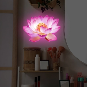 Detailed view of luminous lotus flower wall sticker glowing in pink and purple tones