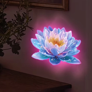 Luminous lotus wall sticker showing blue petals and pink neon glow in dark room