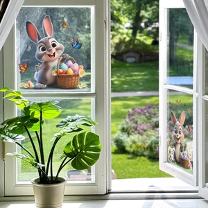 Easter bunny window sticker with colorful eggs and flowers for glass decoration