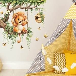 Adesivi murali con leone su altalena per decorazione della camera dei bambini