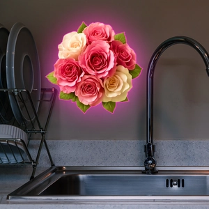 Detailed close-up of luminous floral wall decals featuring pink roses in a modern kitchen