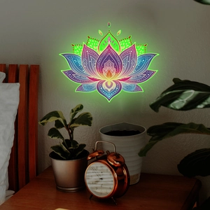 Luminous purple lotus wall decal glowing in a cozy bedroom setting above the bed