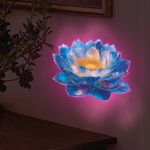 Luminous lotus wall sticker with glowing blue petals and warm yellow center for home decor