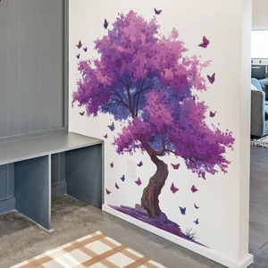 Elegant purple flowering tree wall decal with flying butterflies for living room decor