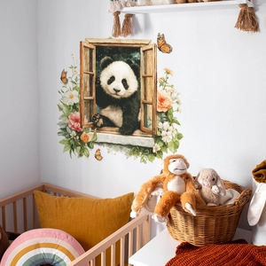 Sticker mural 3D panda à la fenêtre avec fleurs et papillons pour chambre d'enfant