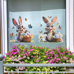 Easter cartoon rabbit window stickers with colorful eggs and butterflies for glass decor