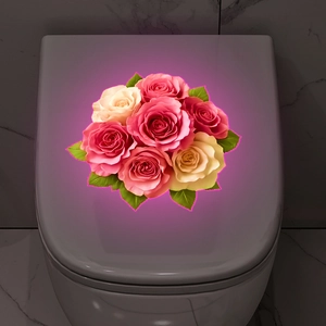 Glow-in-the-dark 3D blooming pink and white roses sticker on a ceramic toilet lid