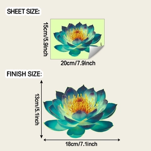 Detailed size dimensions of luminous lotus wall sticker in teal and green gradient
