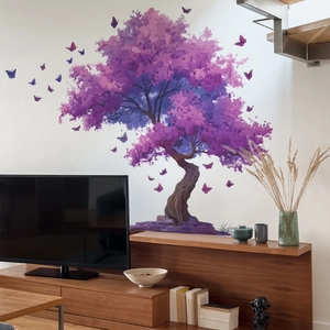 Modern living room wall sticker featuring a large watercolor purple flower tree and butterflies