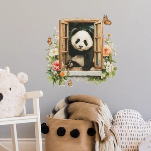 Sticker mural 3D panda à la fenêtre avec fleurs et papillons pour décor intérieur