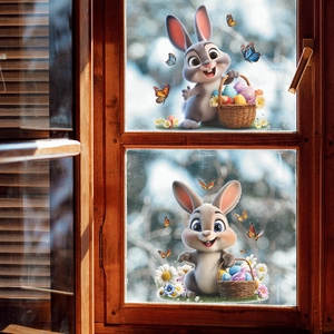 Cartoon Easter bunny window stickers with colorful eggs and daisy decorations on glass