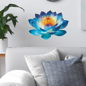 Detailed blue and yellow lotus flower wall sticker applied on a minimalist white living room wall