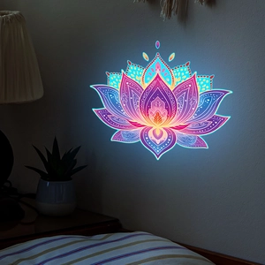 Detailed close-up of luminous mandala lotus wall sticker with glowing neon effect in bedroom