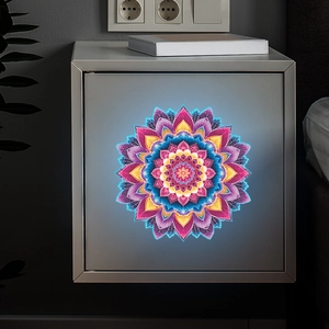 Detailed view of a colorful mandala wall sticker on a sleek gray storage cabinet door