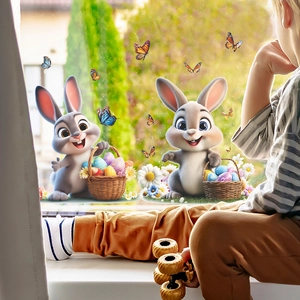 Easter bunny window decals featuring rabbits with egg baskets and colorful butterflies