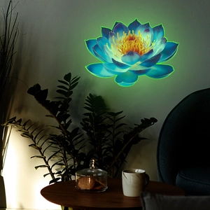 Luminous lotus flower wall sticker glowing in dark bedroom with blue and purple petals