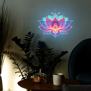 Luminous lotus wall sticker with glowing purple and blue neon gradient for home decor