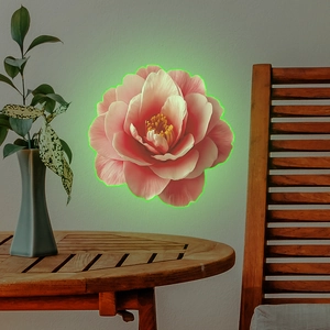 Luminous pink camellia wall sticker with neon green glow effect for home decor