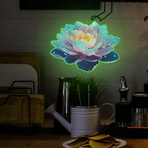 Luminous lotus wall sticker with blue gradient petals glowing green in dark kitchen