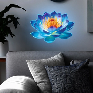 Luminous lotus flower wall sticker with blue petals and neon glow for home decor