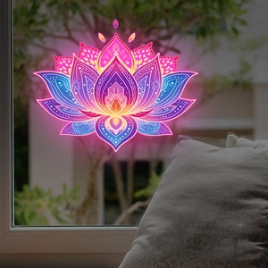 Luminous lotus flower wall sticker with colorful gradient mandala design on a glass window