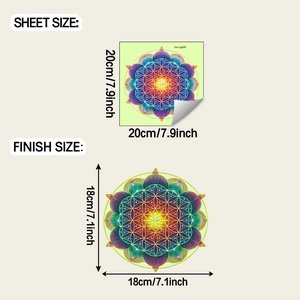 Size specifications for mandala wall stickers showing 20x20cm sheet and 18cm finish size