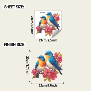 Detailed sheet and finish size comparison for colorful bird and floral wall stickers