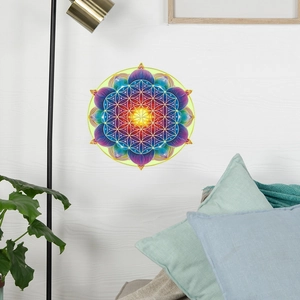 Close-up of a colorful mandala wall sticker with geometric patterns in a cozy living room