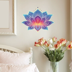 Luminous mandala lotus wall sticker featuring blue and orange gradients for bedroom decor
