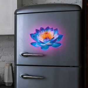 Luminous blue lotus fridge sticker with glowing pink petals on silver metal background