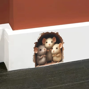 Detailed 3D mouse hole wall stickers with cute cartoon mice for kitchen decor