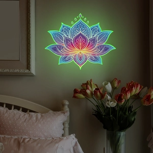 Luminous lotus flower wall sticker with mandala pattern glowing in a dark bedroom