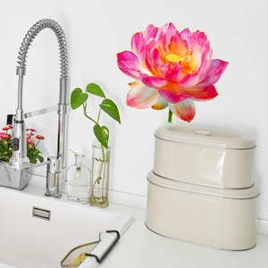 Detailed realistic lotus flower wall decal in pink and gold on white kitchen tile wall