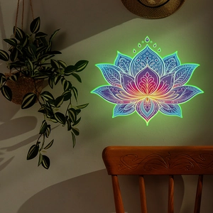 Detailed view of luminous lotus flower wall decal with vibrant colorful gradient patterns