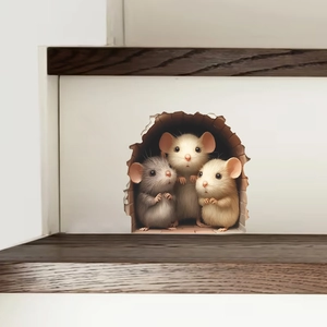3D cartoon mouse hole wall sticker on stairs showing cute mice peering from a hole