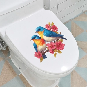 Self-adhesive toilet lid sticker with colorful birds and blooming pink flower branches
