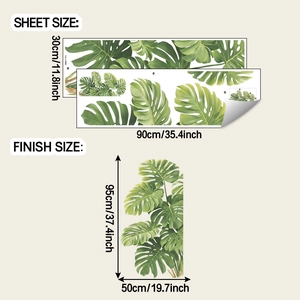 Detail showing dimensions of monstera leaf wall decals with layout and finish sizes