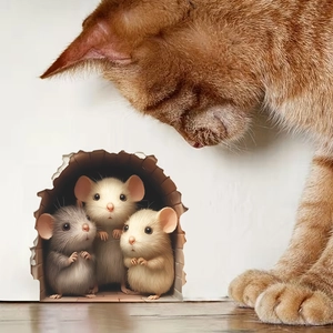3D realistic mouse hole wall sticker with cat interaction for home decoration