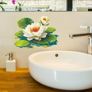 Luminous lotus flower wall stickers on bathroom tile wall above a modern washbasin