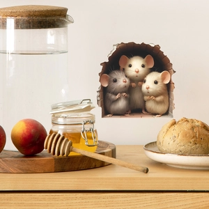 3D cartoon mouse hole wall sticker featuring creative mice illustration in dining room