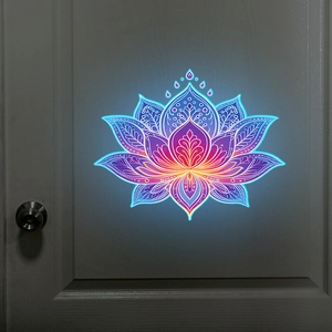 Detailed close-up of a glowing lotus mandala wall sticker on a gray interior room door
