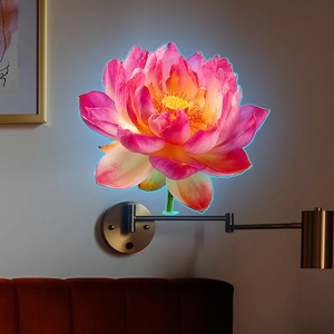 Luminous lotus wall sticker showing pink petals and cyan glowing edges in a bedroom