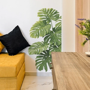 Minimalist monstera leaf wall decal with realistic green foliage for home living room decor