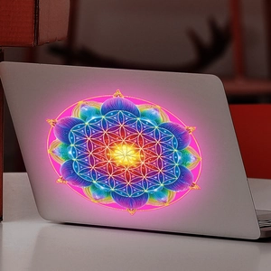Colorful mandala wall sticker on silver laptop with vibrant geometric flower patterns