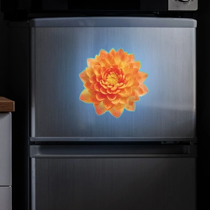 Detailed view of orange flower wall decal with realistic water drops and glowing edges