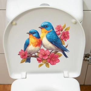 Self-adhesive bathroom wall sticker featuring colorful birds and pink flower branches