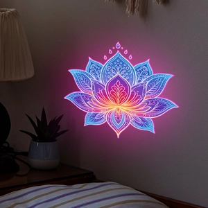 Luminous lotus wall sticker glowing in a dark bedroom with a cozy zen atmosphere