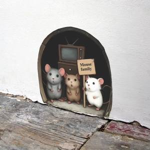 Macro detail of 3D mouse hole wall sticker with cartoon mice and vintage furniture