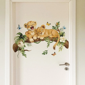 Cartoon baby lions on a tree branch wall sticker for kids room door decoration