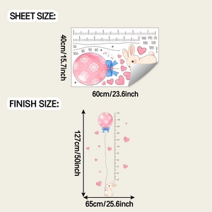Detail of bunny height wall decal showing 40x60cm sheet and 127x65cm finish layout